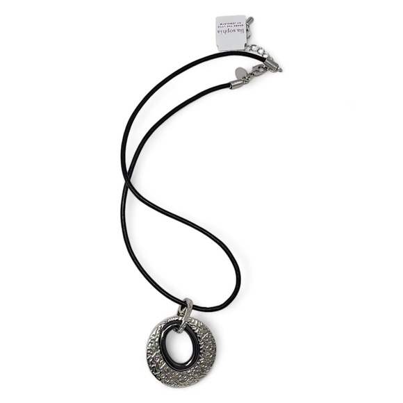 Lia Sophia Merge Necklace Black Leather Cord - Silver Black Enamel Circle 16-19" - Picture 3 of 5